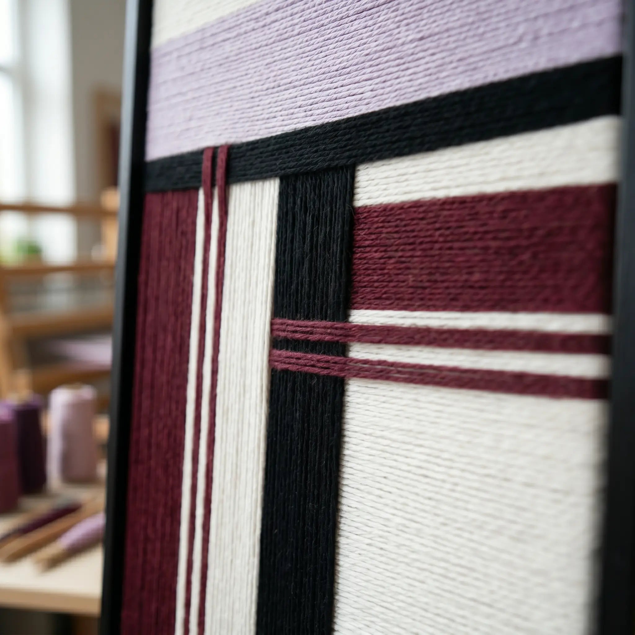Angled close-up of Midnight Opera RE025 framed textile art showing dimensional lavender and burgundy yarn layering.