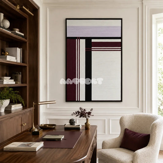 Midnight Opera RE025 framed textile art with white, lavender, deep burgundy, and black geometric yarn displayed in a sophisticated interior.