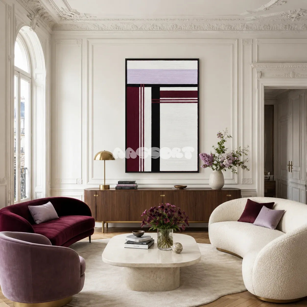 Midnight Opera RE025 framed fiber artwork featuring white, lavender, wine-red, and black yarn structures in a modern interior.