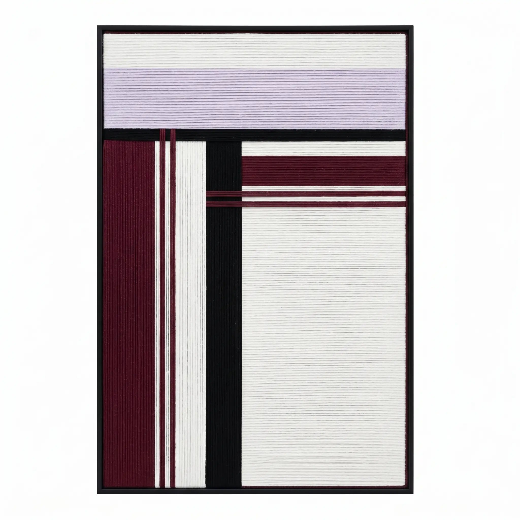 Front view of Midnight Opera RE025 white, lavender, burgundy, and black textile wall art in a black frame on a white background.