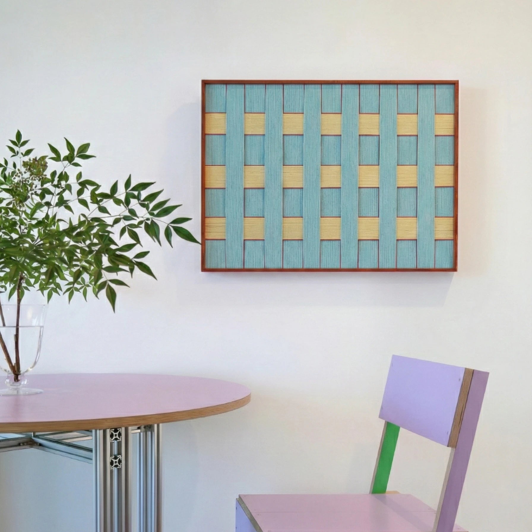 Afternoon Window Landscape RE026 soft cotton cord wall art styled in a bright dining nook with modern furniture.