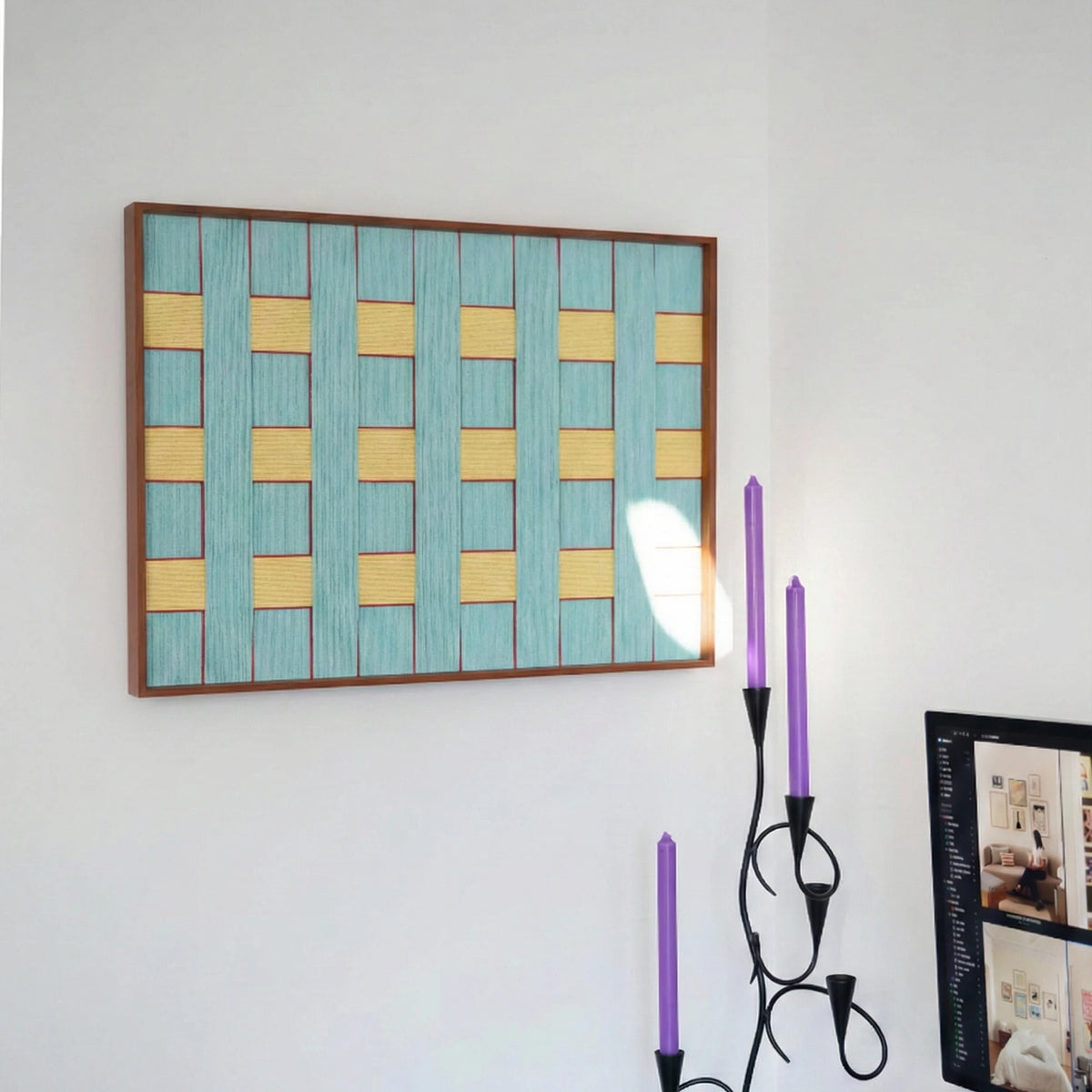 Afternoon Window Landscape RE026 horizontal textile wall art displayed above a decorative candelabra on a white wall.