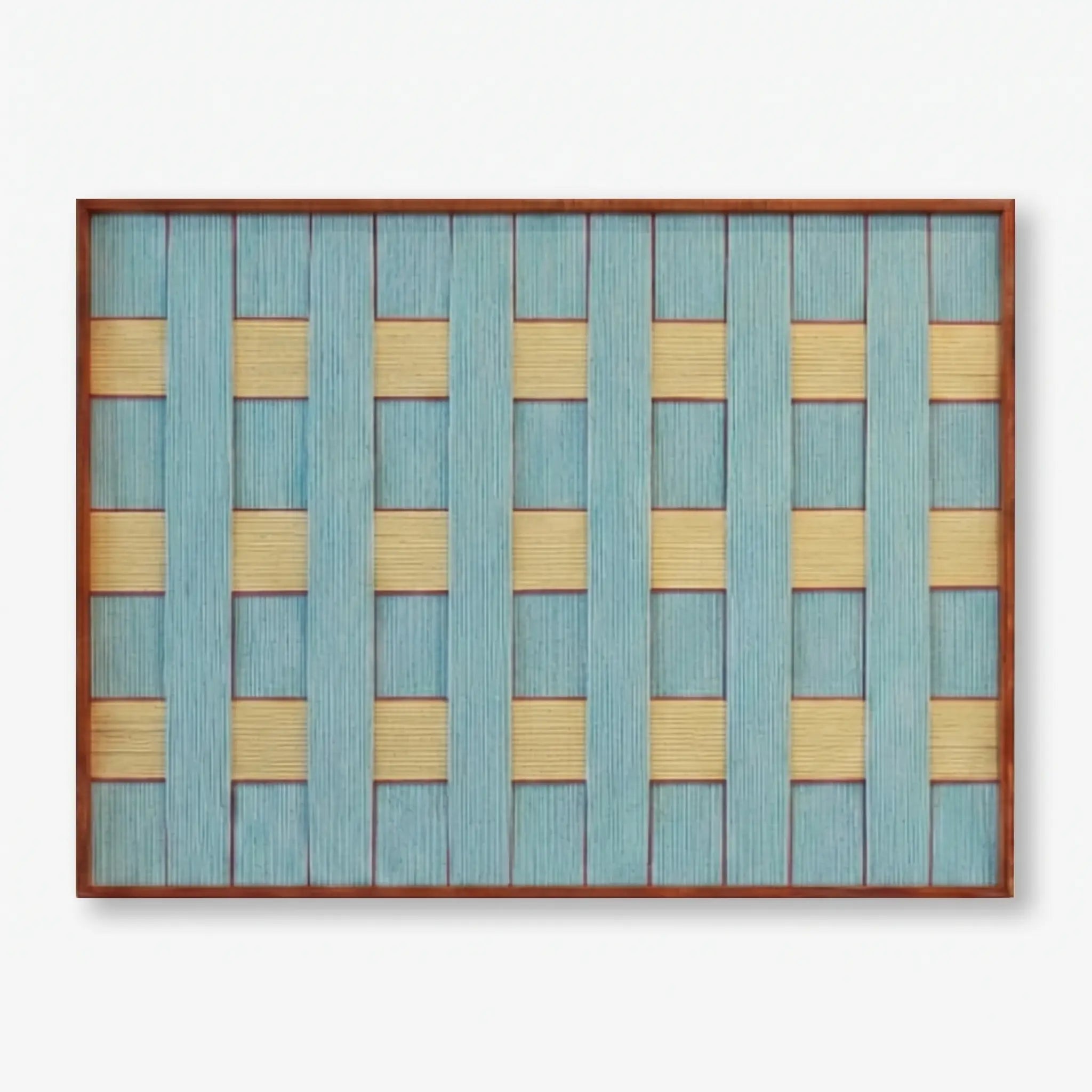 Front view of Afternoon Window Landscape RE026 blue, yellow, and red geometric textile wall art in a sleek frame on a white background.