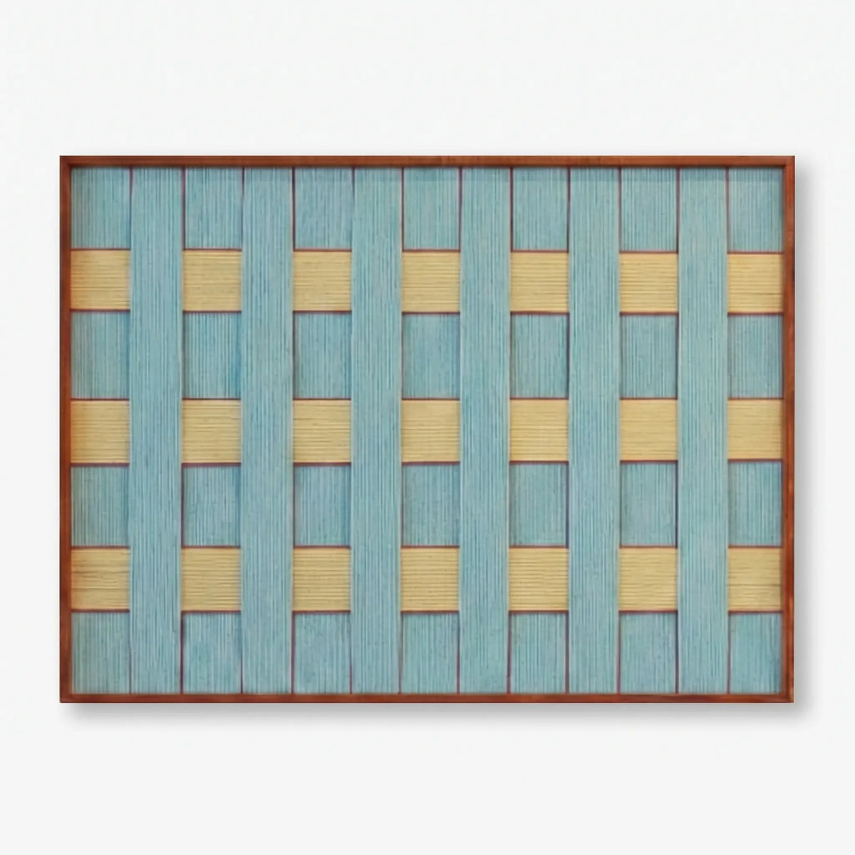 Front view of Afternoon Window Landscape RE026 blue, yellow, and red geometric textile wall art in a sleek frame on a white background.