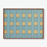 Front view of Afternoon Window Landscape RE026 blue, yellow, and red geometric textile wall art in a sleek frame on a white background.