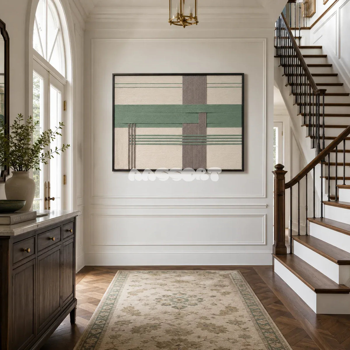 Sage Crossing RE027 sage and ivory geometric textile wall art styled as a calm organic-modern focal point in a contemporary room.