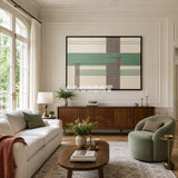Sage Crossing RE027 framed fiber artwork featuring ivory, sage, taupe, and gray yarn blocks in a modern interior.