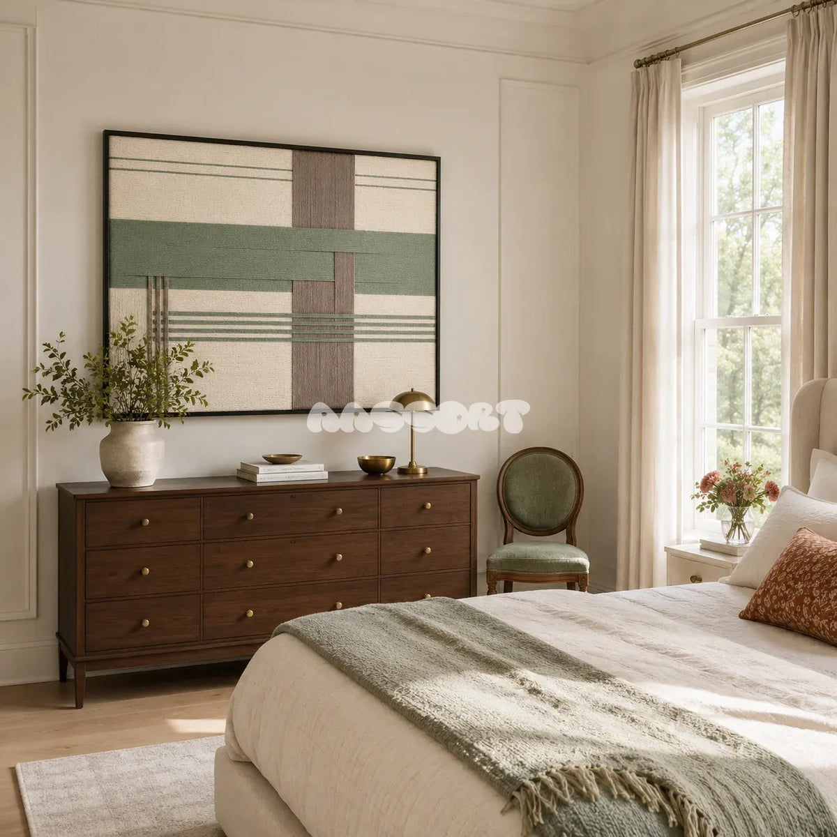Sage Crossing RE027 soft cotton cord wall art displayed in a serene home setting with soft natural tones.