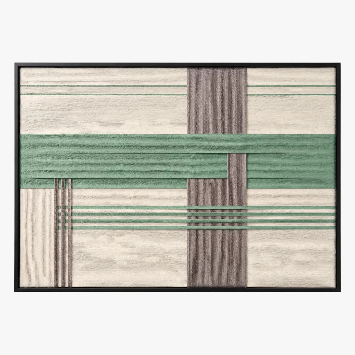 Front view of Sage Crossing RE027 green, gray, and ivory geometric textile wall art in a black frame on a white background.