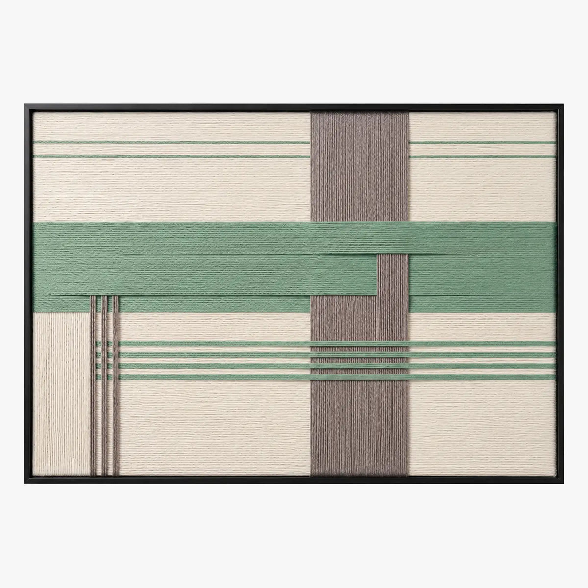 Front view of Sage Crossing RE027 green, gray, and ivory geometric textile wall art in a black frame on a white background.