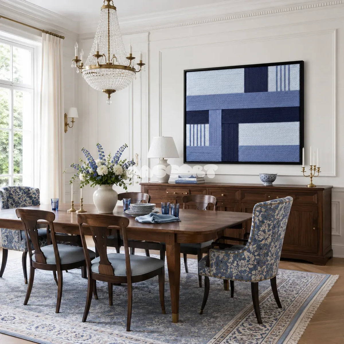 Nordic Tide RE028 blue geometric textile wall art styled as a tranquil coastal focal point in a contemporary room.