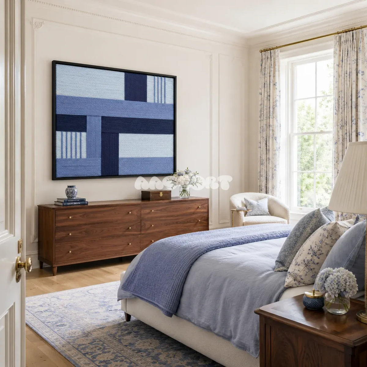 Nordic Tide RE028 framed fiber artwork featuring pale blue, navy, periwinkle, and white yarn bands in a modern interior.