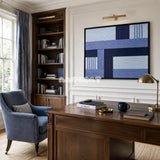 Nordic Tide RE028 abstract textile artwork with expansive blue geometric bands presented in a stylish contemporary interior.
