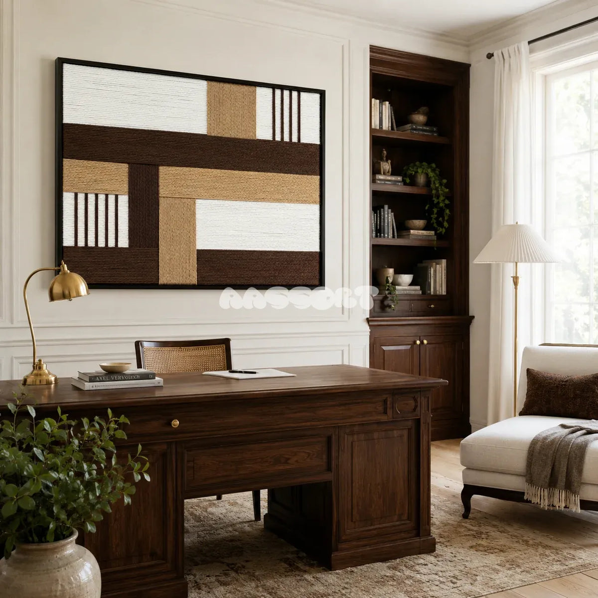 Cocoa Loom RE029 earthy geometric textile wall art styled as a warm focal point in a contemporary room.