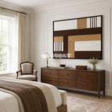 Cocoa Loom RE029 framed fiber artwork featuring white, cocoa brown, wheat, and tan yarn blocks in a modern interior.