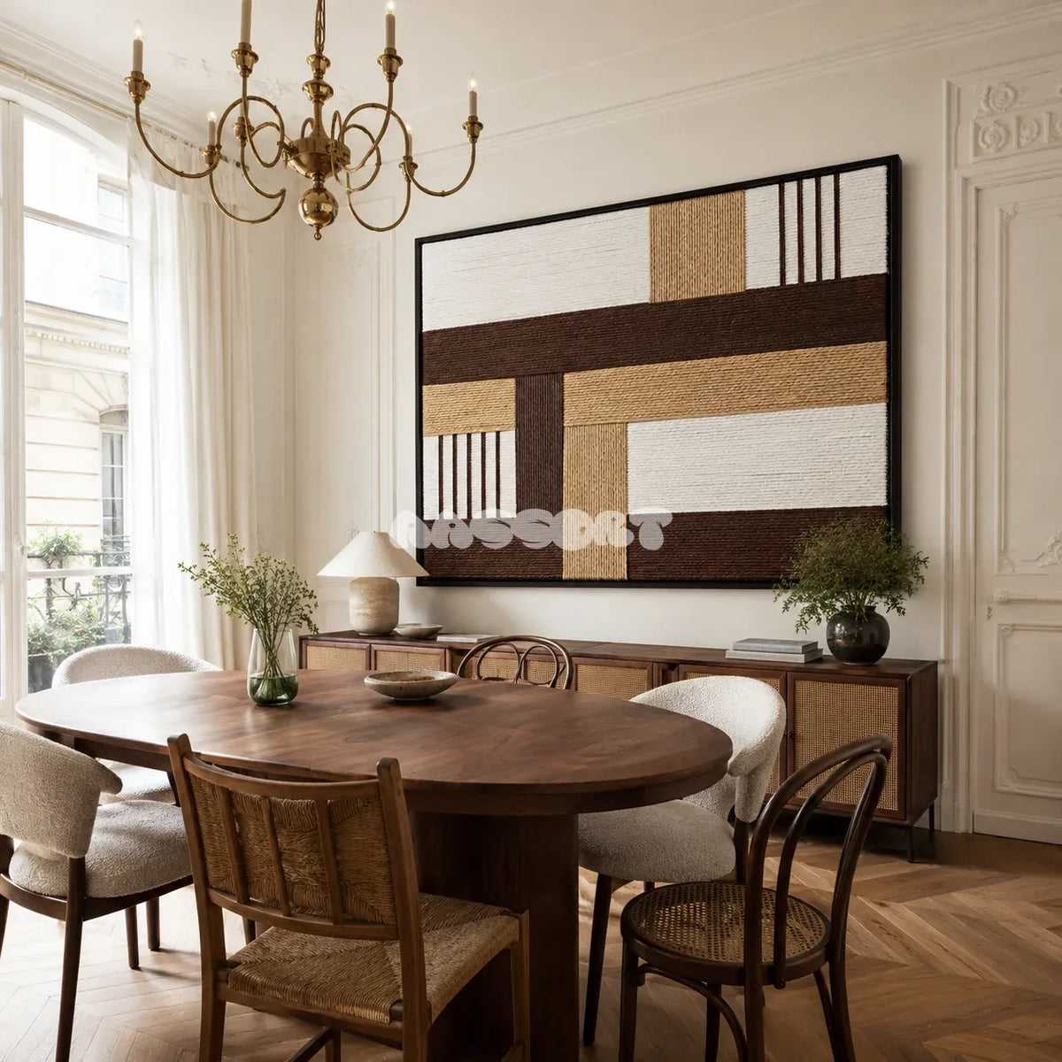 Cocoa Loom RE029 soft cotton cord wall art displayed in a refined home setting with rich earthy neutral tones.