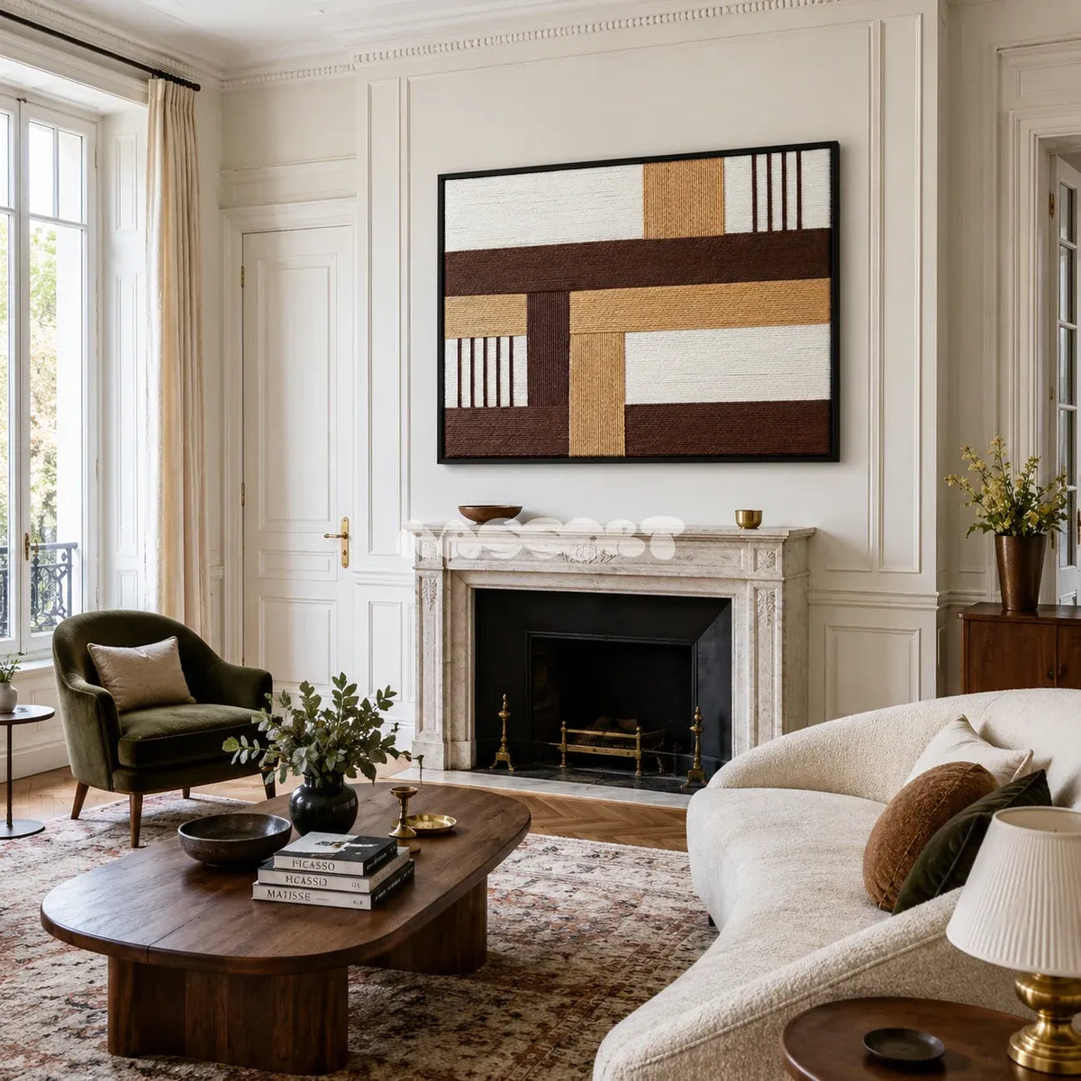 Cocoa Loom RE029 abstract textile artwork with grounded geometric bands presented in a stylish contemporary interior.