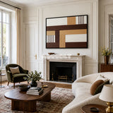 Cocoa Loom RE029 abstract textile artwork with grounded geometric bands presented in a stylish contemporary interior.