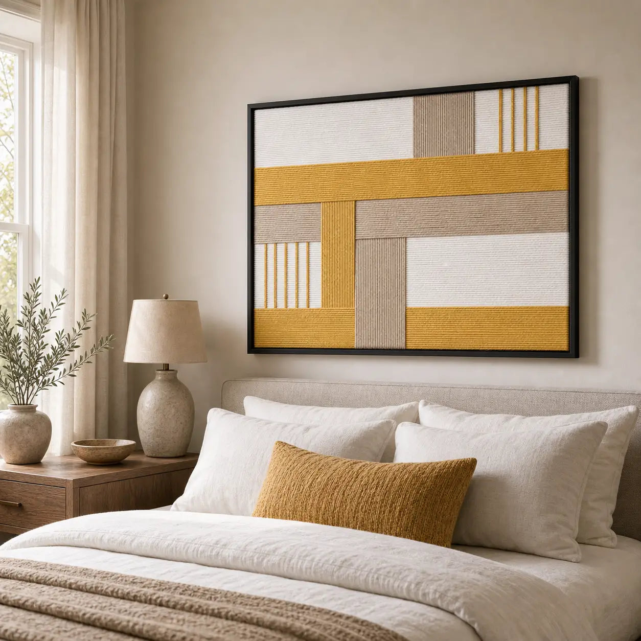 Golden Interval RE030 soft cotton cord textile wall art displayed above a styled bed with coordinating yellow and white bedding.