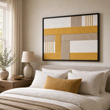 Golden Interval RE030 soft cotton cord textile wall art displayed above a styled bed with coordinating yellow and white bedding.