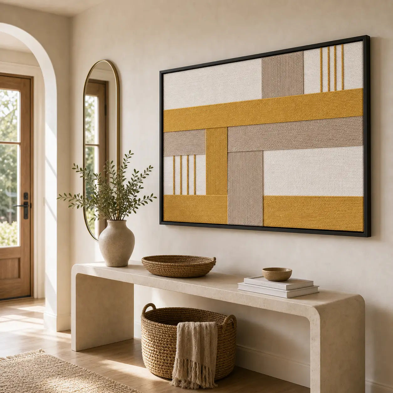 Golden Interval RE030 framed textile wall art displayed above a sleek console in a bright modern entryway.
