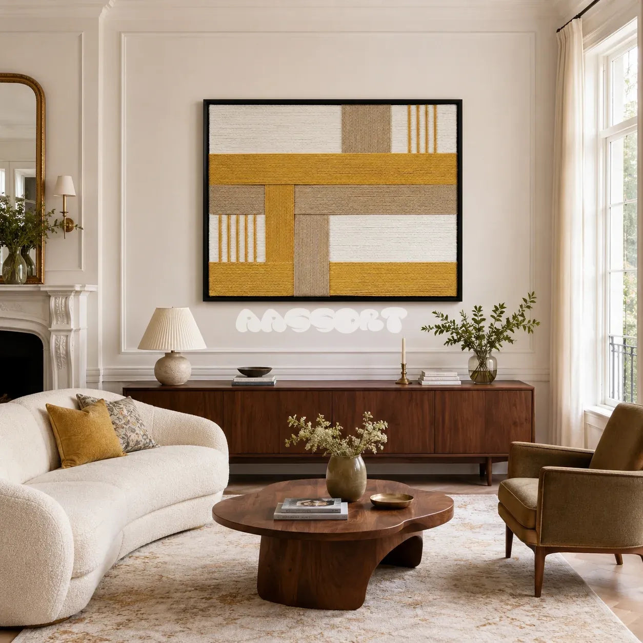 Golden Interval RE030 framed textile art with mustard yellow, soft white, beige, and taupe geometric yarn displayed in a bright modern interior.