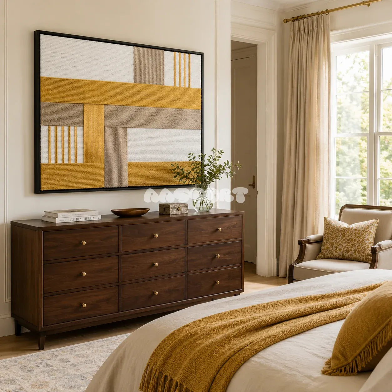 Golden Interval RE030 yellow and beige geometric textile wall art styled as a sunlit focal point in a contemporary room.