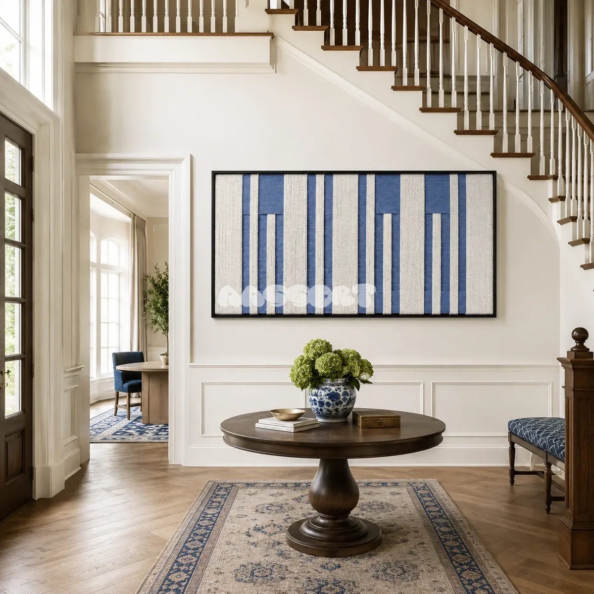 Blue Cadence RE031 blue and ivory textile wall art styled as a crisp coastal focal point in a contemporary room.