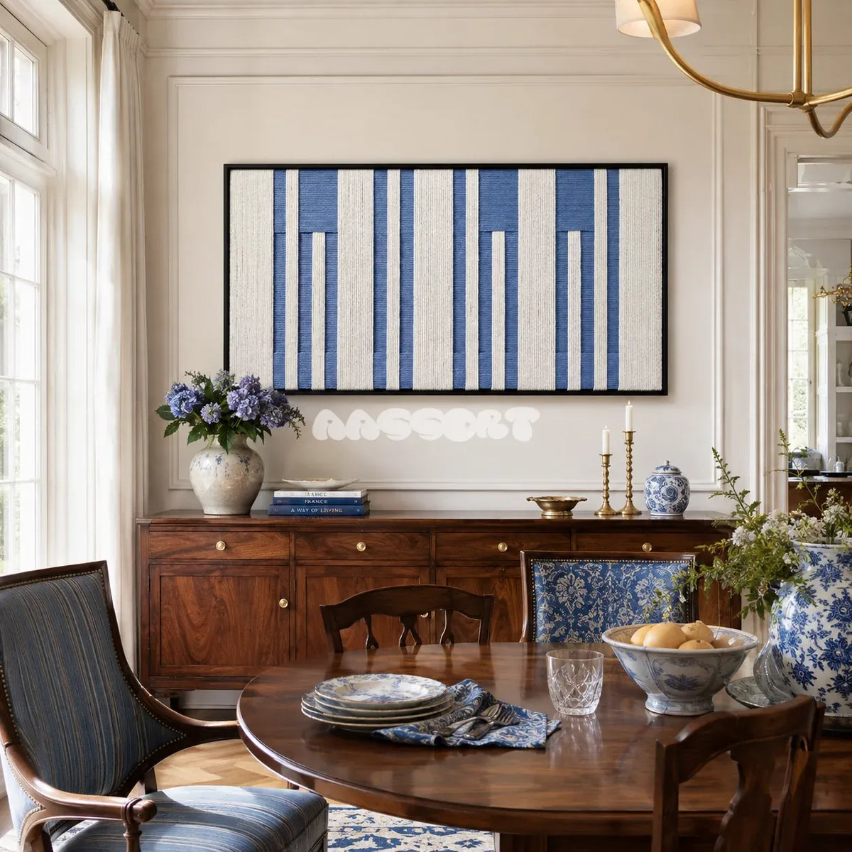 Blue Cadence RE031 framed fiber artwork featuring rhythmic denim blue and warm ivory vertical bands in a modern interior.