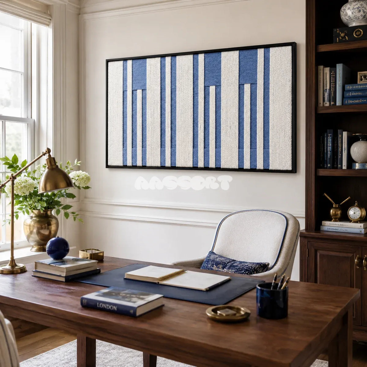 Blue Cadence RE031 soft cotton cord wall art displayed in a serene home setting with refreshing coastal colors.