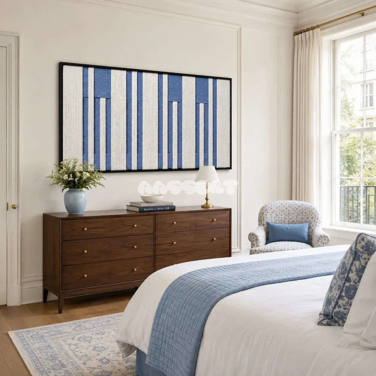 Blue Cadence RE031 abstract textile artwork with rhythmic vertical stripes presented in a stylish contemporary interior.