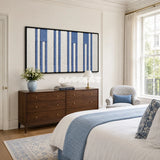 Blue Cadence RE031 abstract textile artwork with rhythmic vertical stripes presented in a stylish contemporary interior.