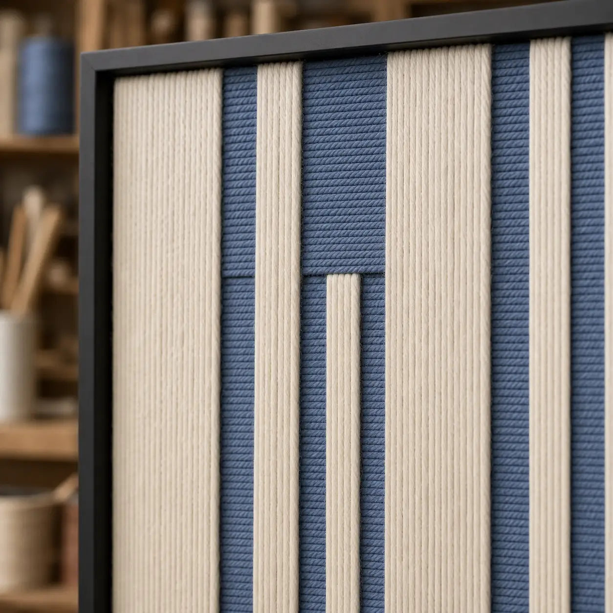 Macro close-up of Blue Cadence RE031 textile art highlighting its textured vertical blue and ivory soft cotton cord.
