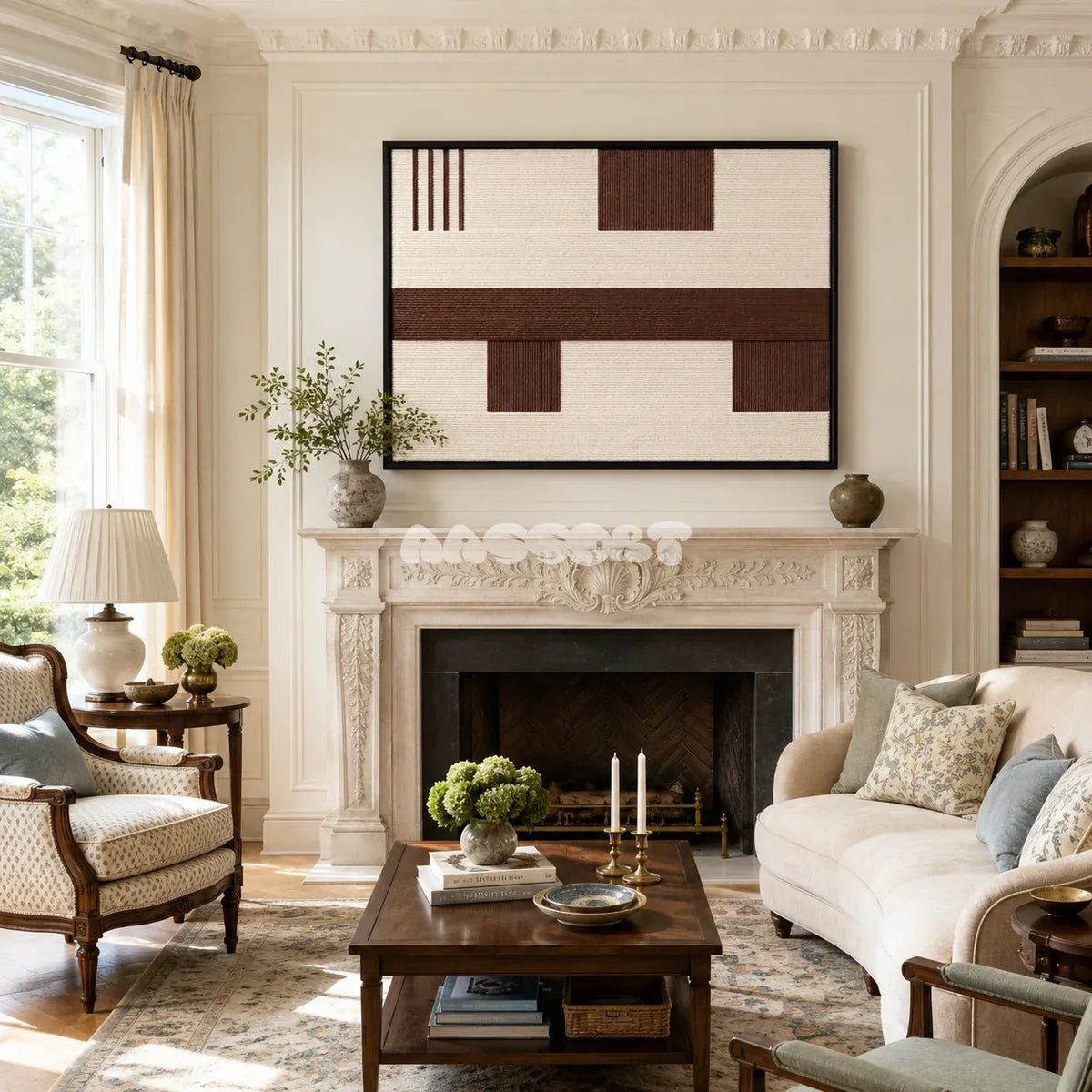 Cocoa Horizon RE032 framed fiber artwork featuring a broad cocoa band and cream yarn field in a modern interior.