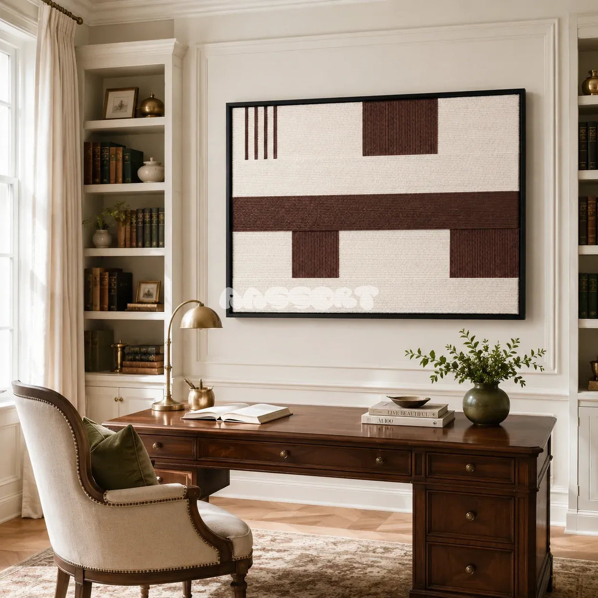 Cocoa Horizon RE032 soft cotton cord wall art displayed in a refined home setting with warm earthy neutral tones.