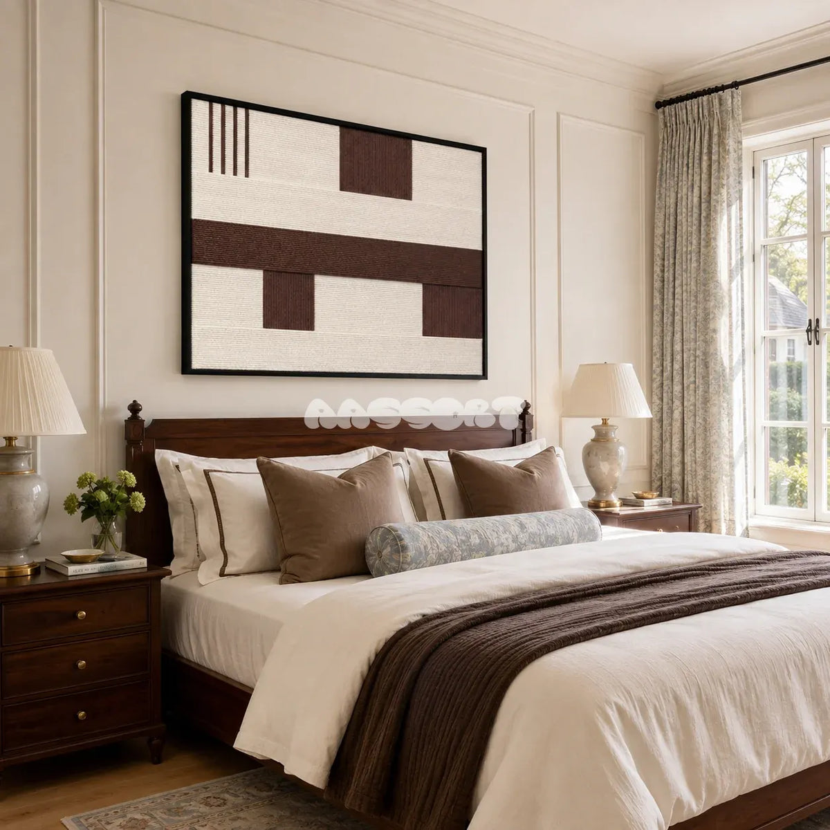 Cocoa Horizon RE032 abstract textile artwork with calm horizontal geometry presented in a stylish contemporary interior.