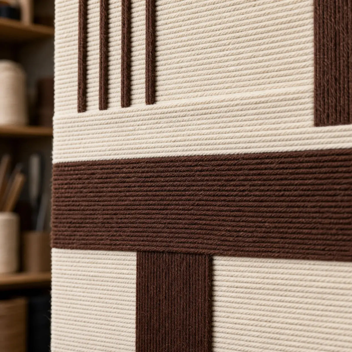 Macro close-up of Cocoa Horizon RE032 textile art highlighting thick brown and cream soft cotton cord texture.