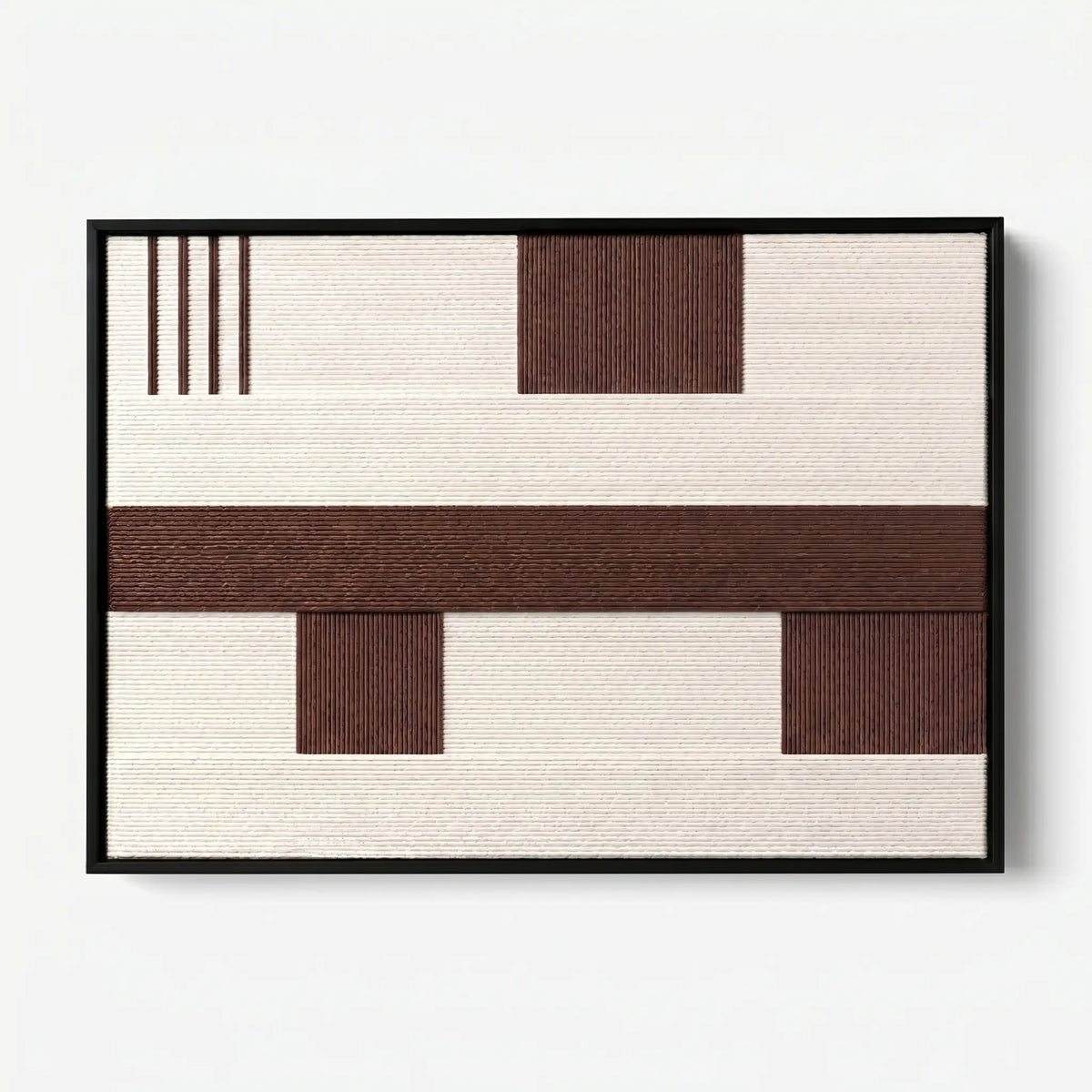 Front view of Cocoa Horizon RE032 brown and cream geometric textile wall art in a black frame on a white background.