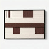 Front view of Cocoa Horizon RE032 brown and cream geometric textile wall art in a black frame on a white background.