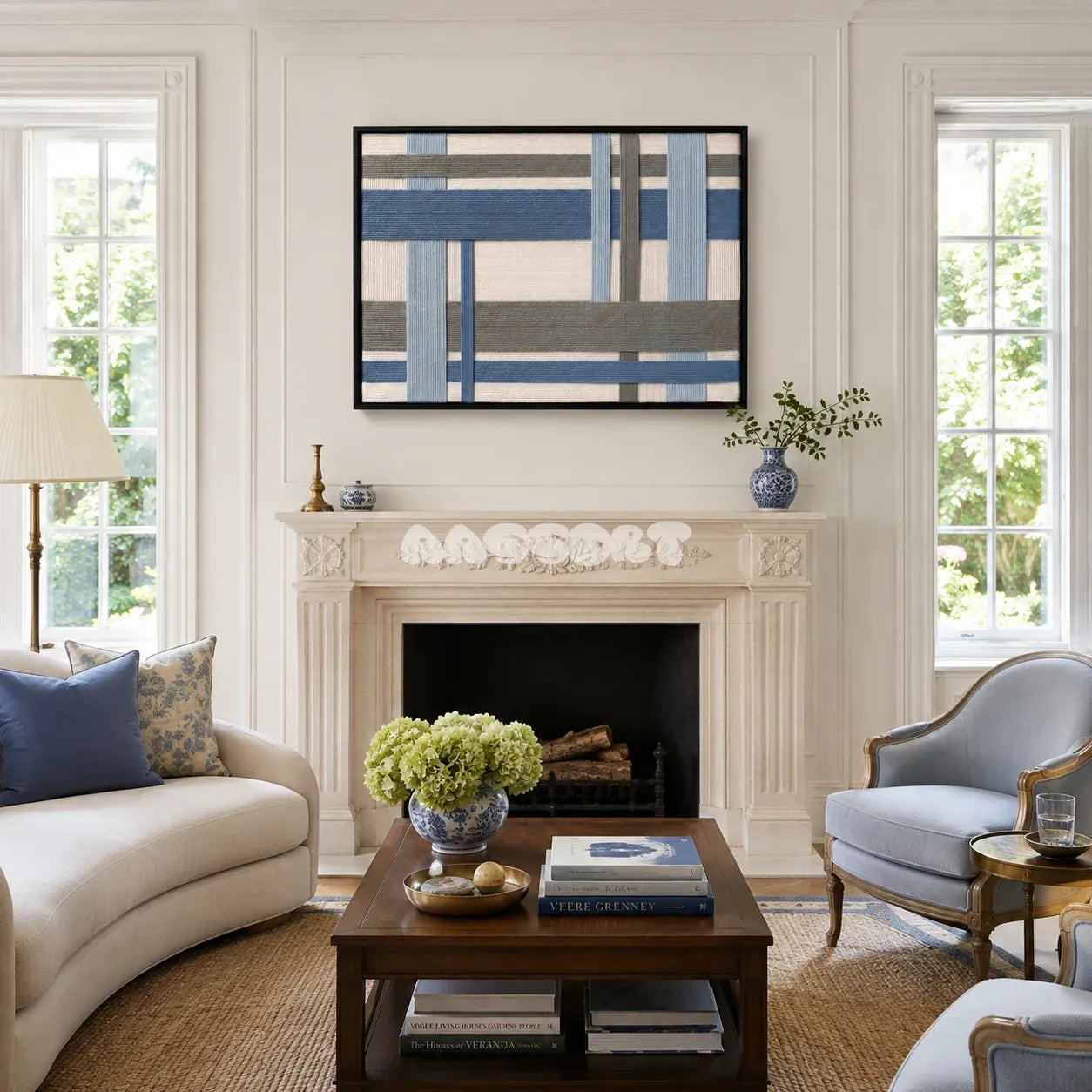 Slate Harbor RE033 framed textile art with ivory, slate blue, powder blue, and warm gray yarn displayed in a modern interior.