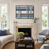 Slate Harbor RE033 framed textile art with ivory, slate blue, powder blue, and warm gray yarn displayed in a modern interior.