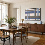 Slate Harbor RE033 framed fiber artwork featuring layered blue, gray, and ivory yarn bands in a modern interior.
