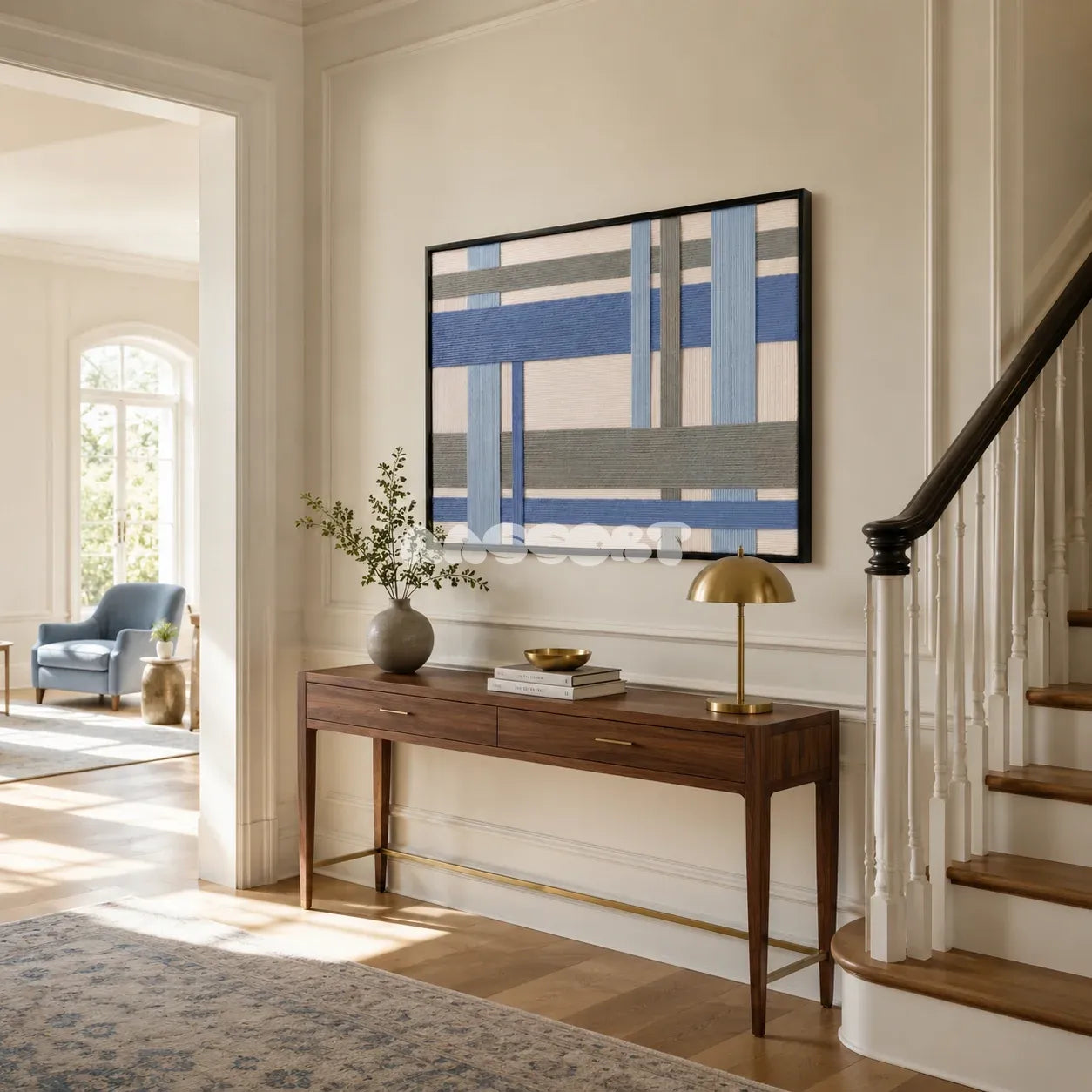 Slate Harbor RE033 abstract soft cotton cord fiber artwork with calm coastal geometry presented in a stylish interior.