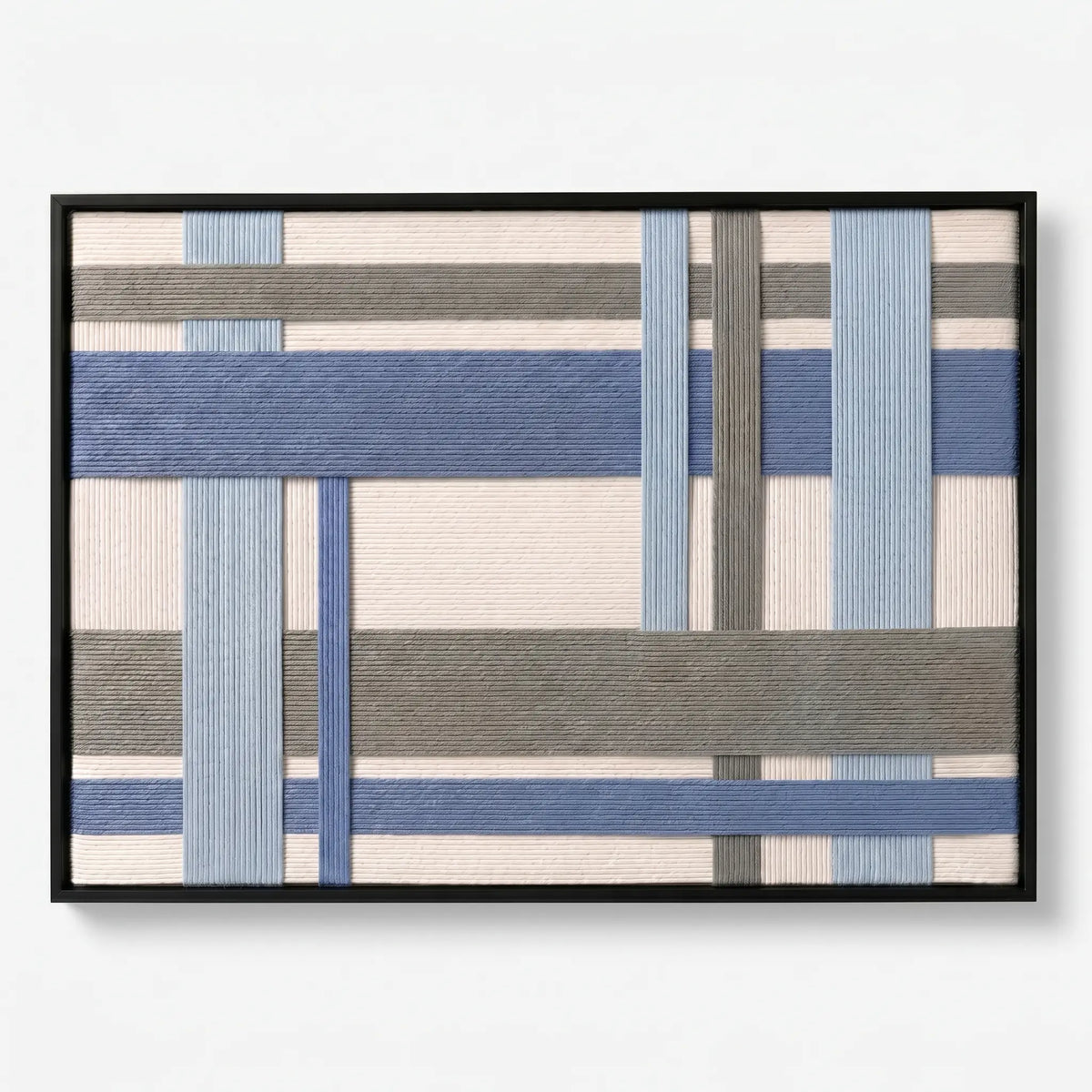 Front view of Slate Harbor RE033 blue and gray geometric textile wall art in a black frame on a white background.