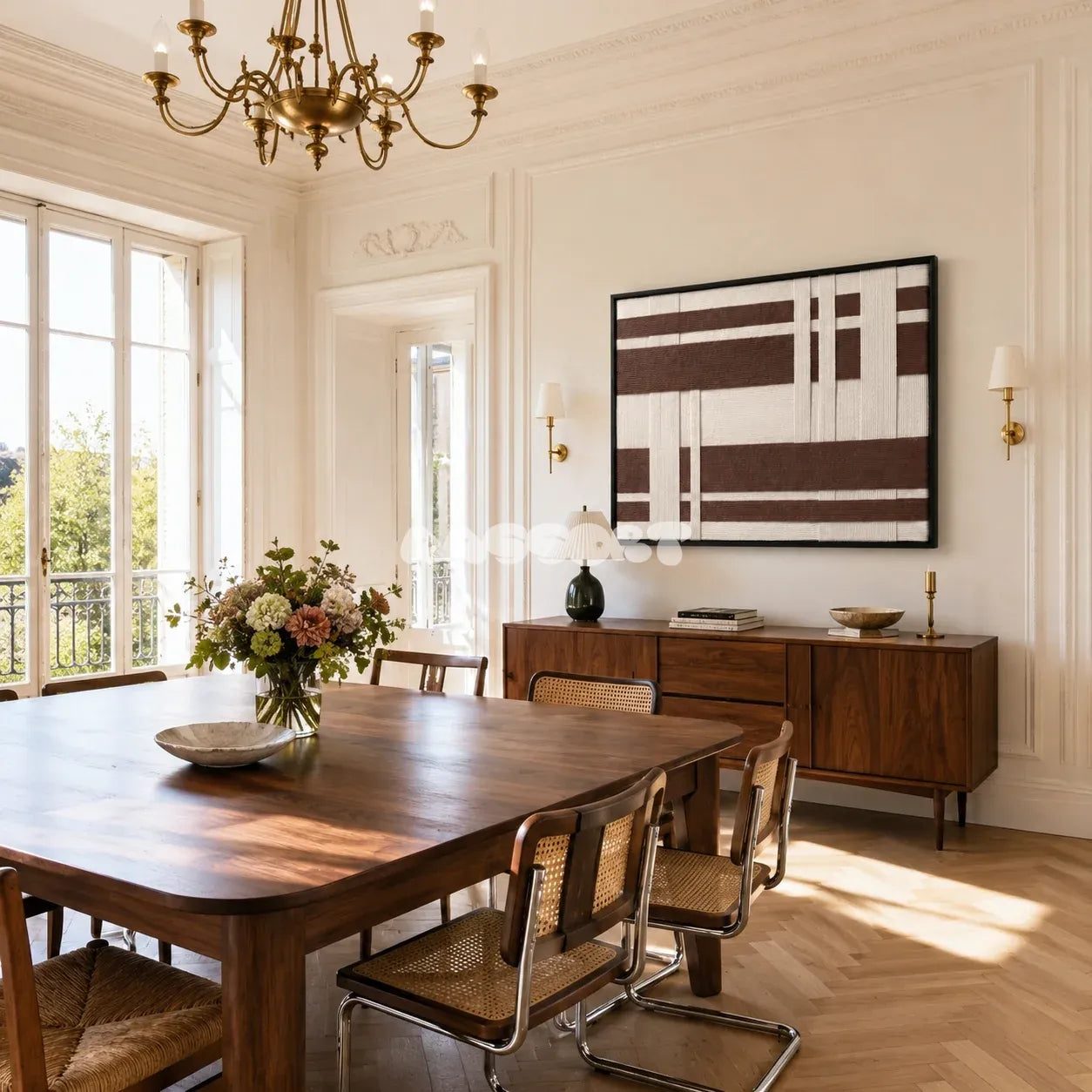 Earthen Bands RE034 brown and ivory geometric textile wall art styled as a grounded focal point in a contemporary room.