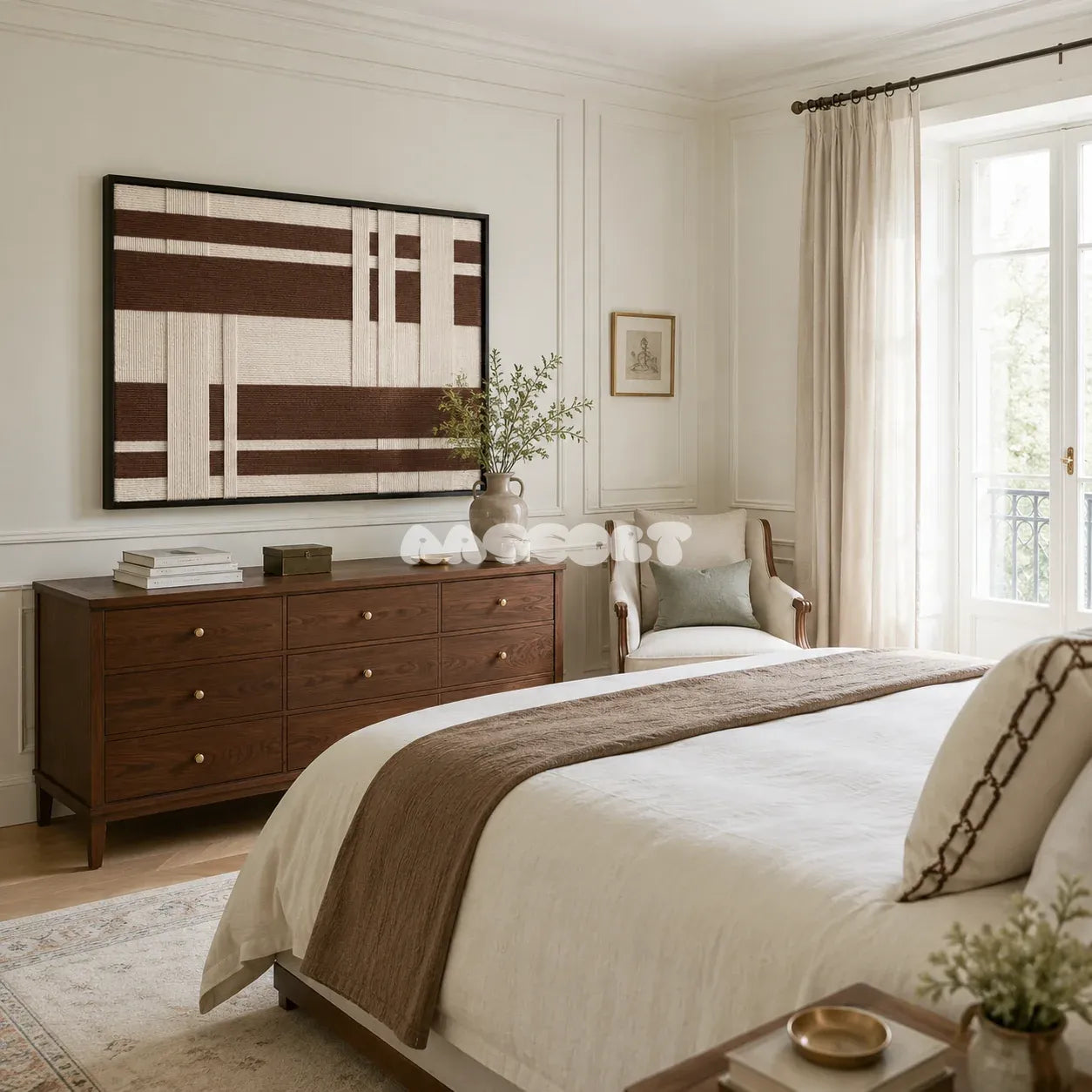 Earthen Bands RE034 framed fiber artwork featuring layered cocoa bands and raised ivory yarn blocks in a modern interior.