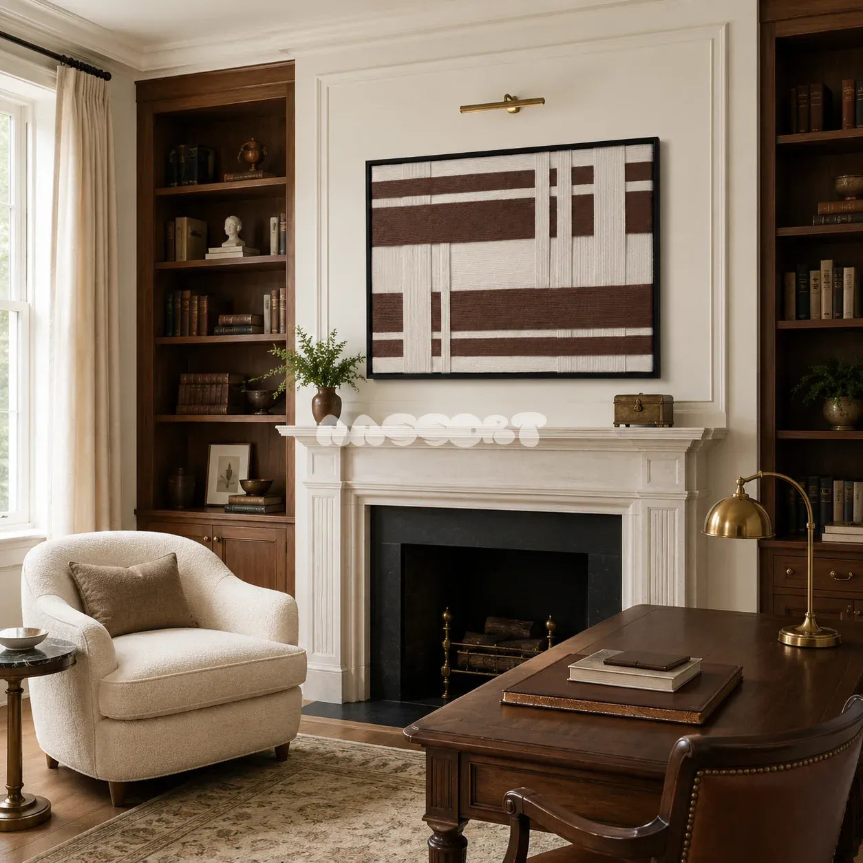 Earthen Bands RE034 abstract textile artwork with layered earthy geometry presented in a stylish contemporary interior.