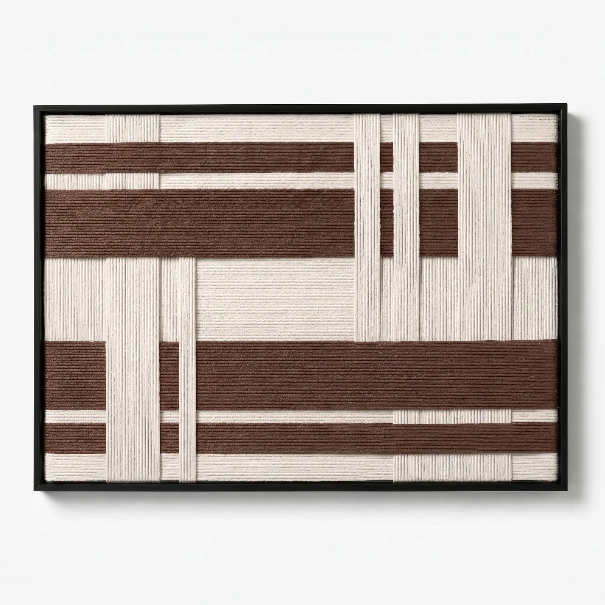Front view of Earthen Bands RE034 brown and cream geometric textile wall art in a black frame on a white background.