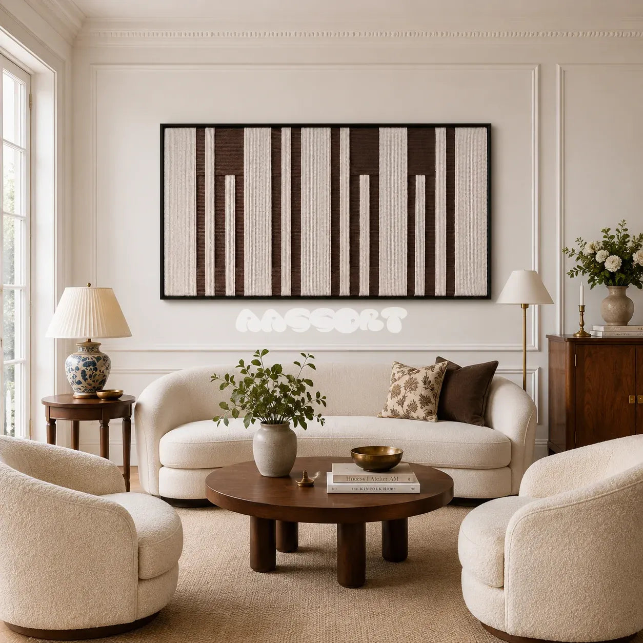 Cocoa Pillars RE035 panoramic framed textile art with warm ivory and cocoa brown vertical yarn bands displayed in a modern interior.