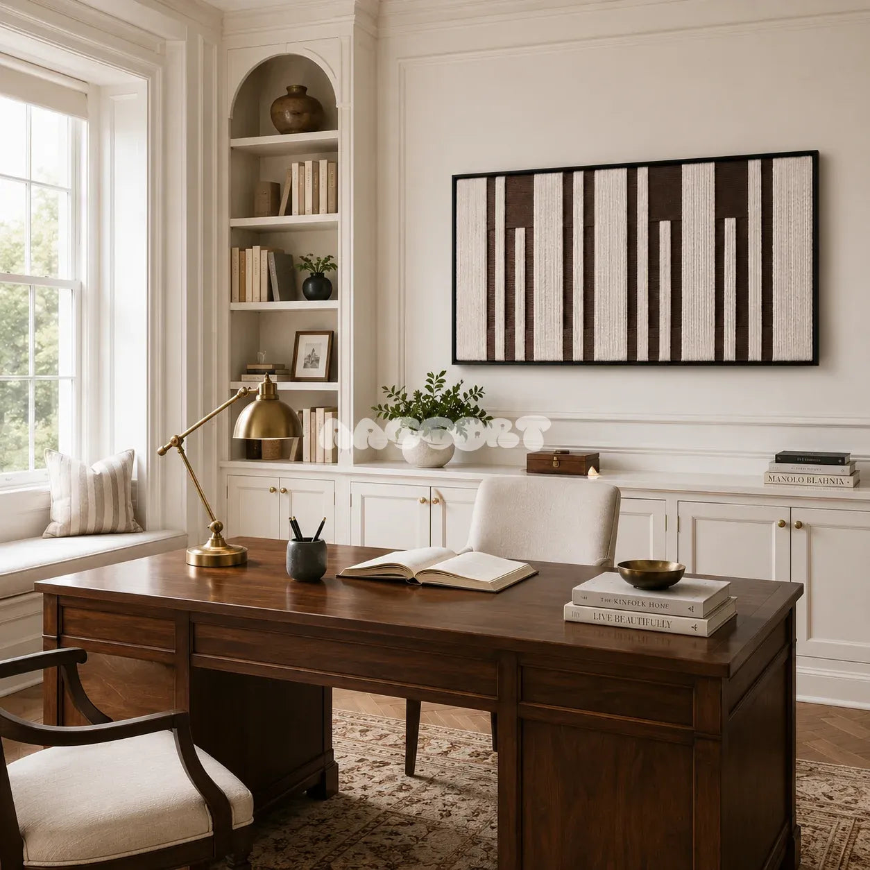 Cocoa Pillars RE035 brown and ivory textile wall art styled as a bold graphic focal point in a contemporary room.